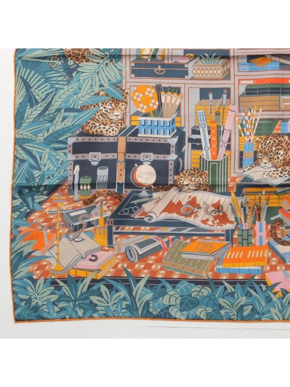 Hermes Carre 90 Silk Double Face Les Douze Leopards 12 Scarf Orange Blue
